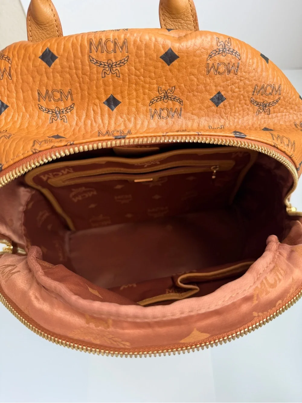 MCM 100% Authentic Stark Side Studs Backpack In Visetos Size Medium Cognac Color